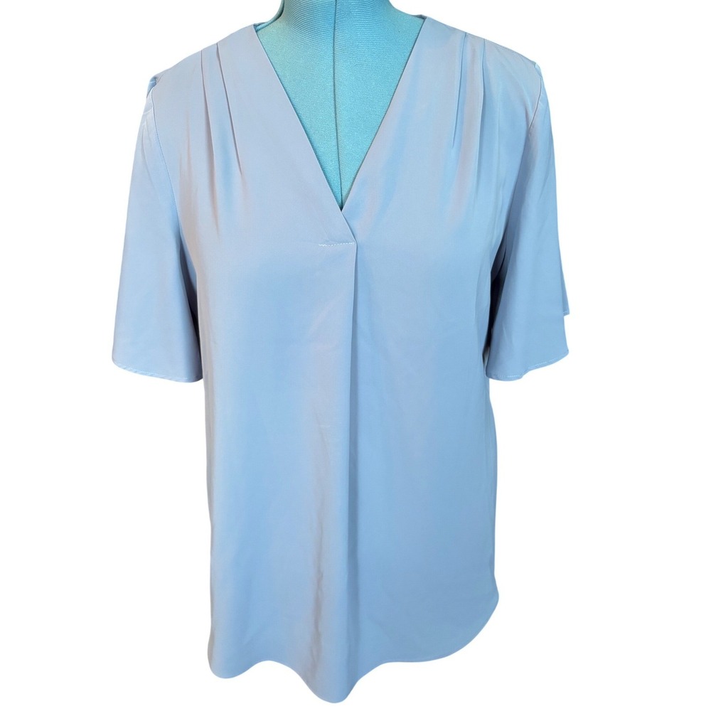 Timeson Womens XL Light Blue V-Neck‎ Pleated Short Bell Sleeve Blouse Top